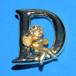 Vintage L RAZZA Letter D Angel Brooch Pin Name Monogram Initial Gold Tone Signed